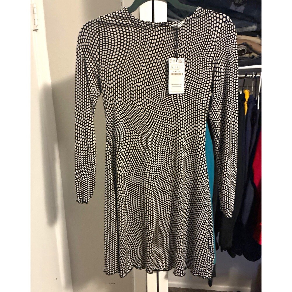 Stradivarius Women's Black/White Polka Dot Shift Dress Long Sleeve Short S